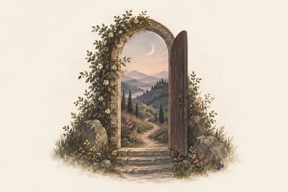 An illustrated stone doorway opens onto a quiet moonlit landscape.