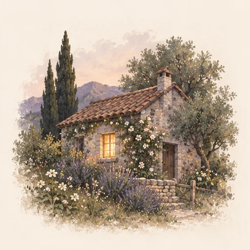 An illustrated little house beside still water, from Oniryn’s keepsake artwork