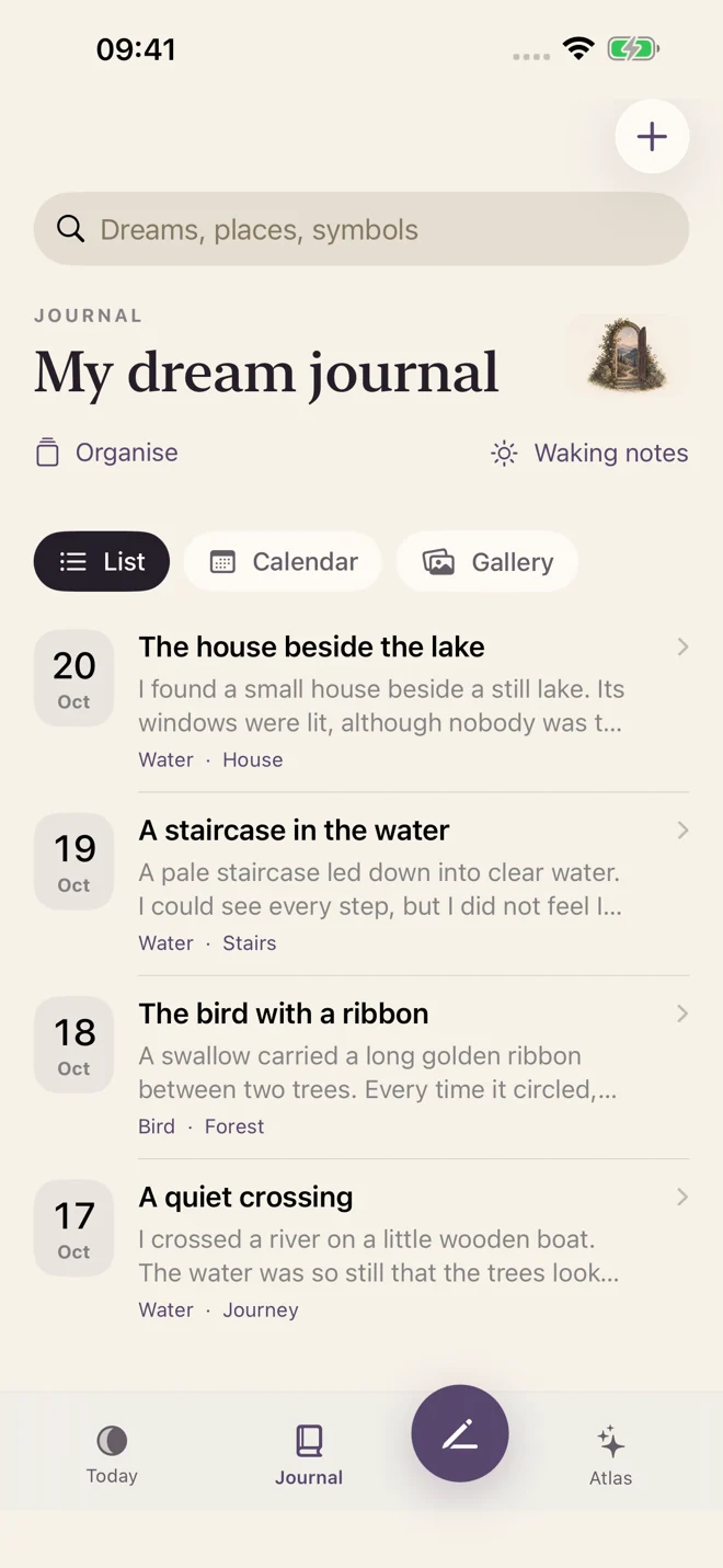 Oniryn journal showing saved dreams, search, and list, calendar and gallery views